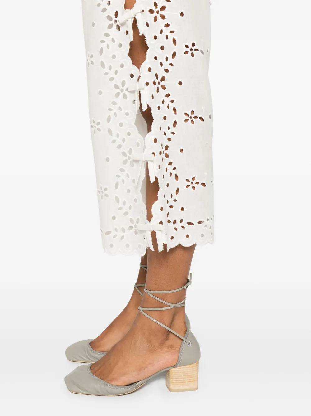Self-portrait Embroidered Linen And Cotton Wide-leg Pants In White