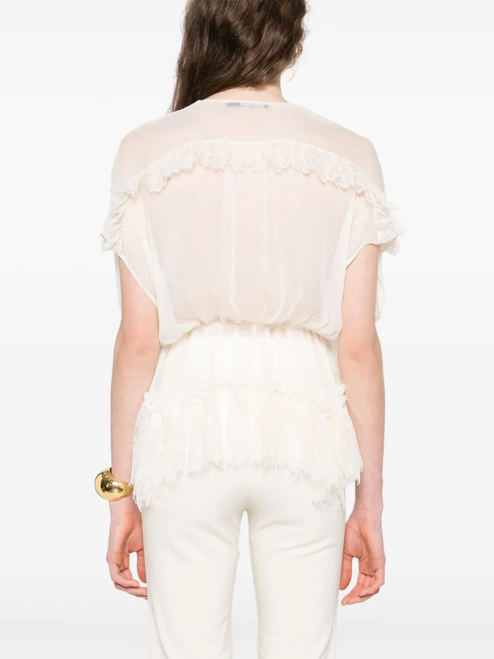 Amen Blouse met kanten vlakken Beige