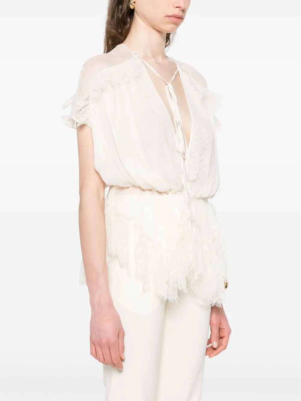 Amen Blouse met kanten vlakken Beige