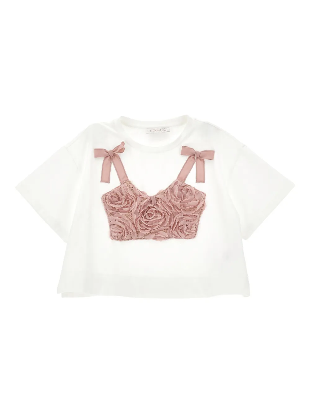 Monnalisa Cropped T-shirt met roosapplicatie Wit
