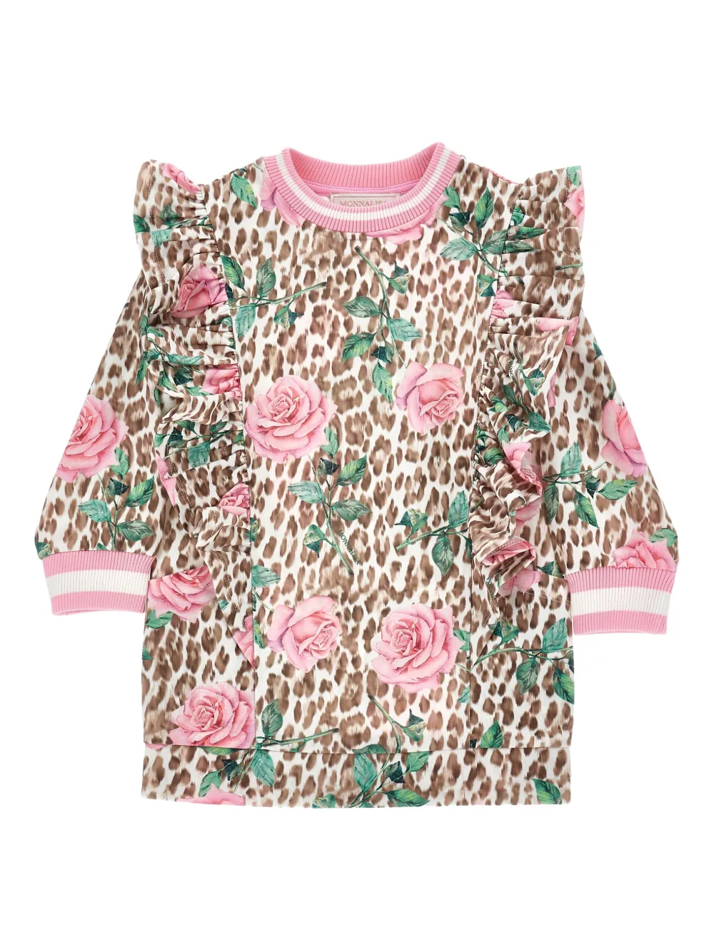 Monnalisa Jurk met bloe print en ruches Bruin