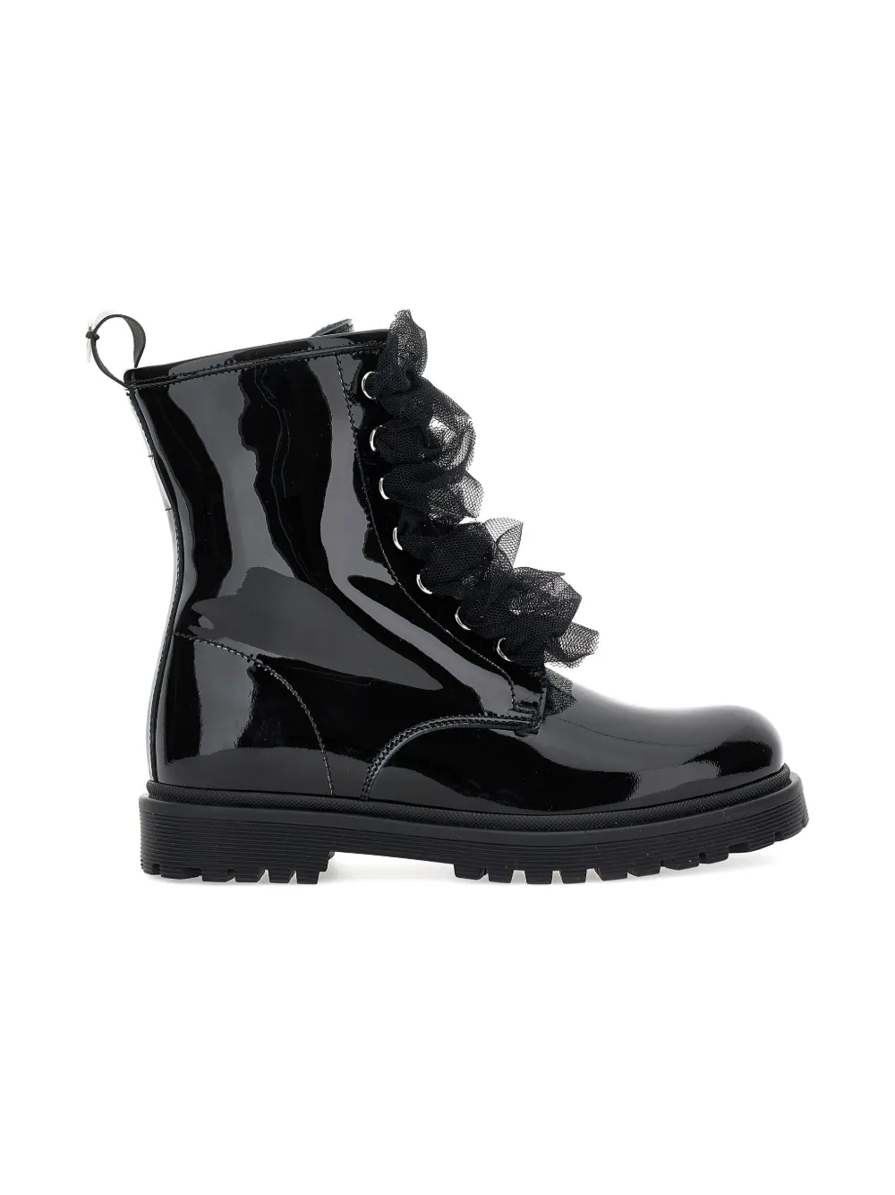 Monnalisa ruffled patent-leather combat boots Black