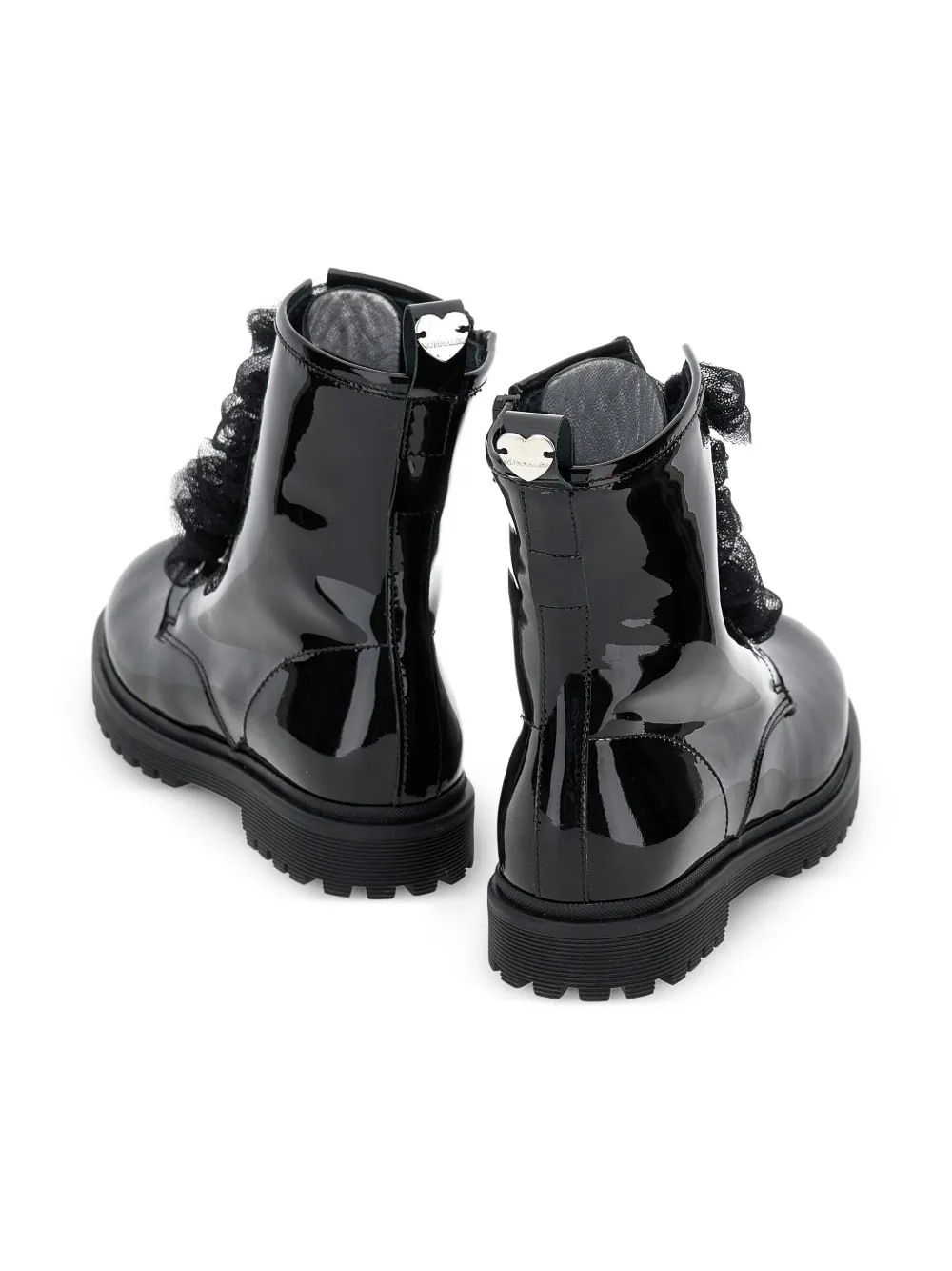 Monnalisa ruffled patent-leather combat boots Black