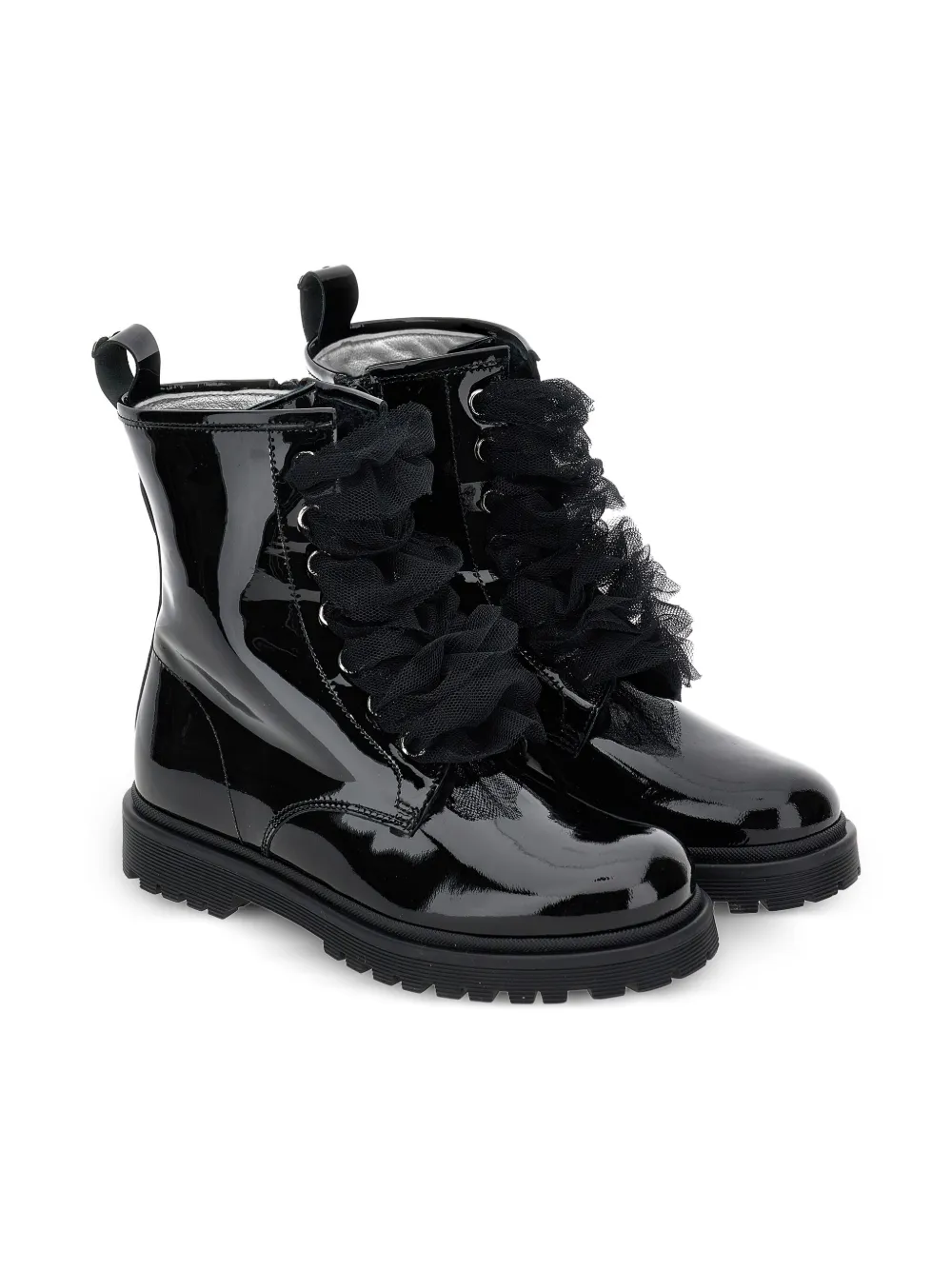 Monnalisa ruffled patent-leather combat boots Black