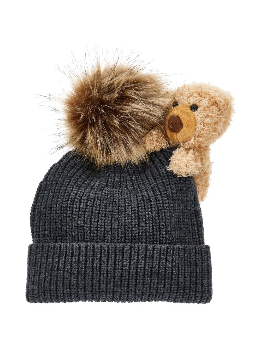 Monnalisa Geribbelde muts met teddybeer-detail Grijs