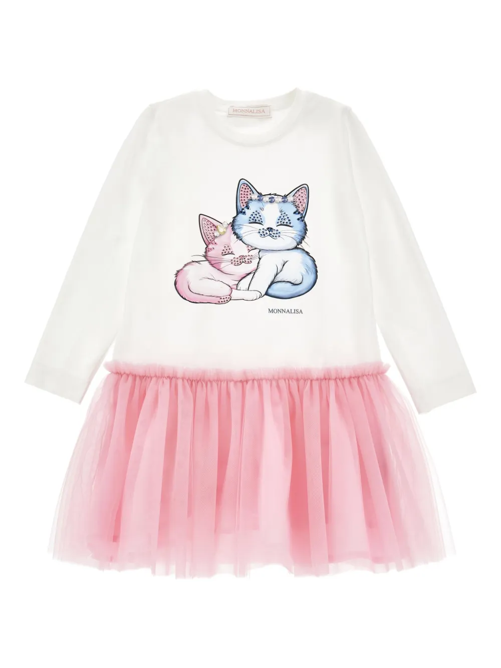 Monnalisa Tulen jurk met kattenprint Wit