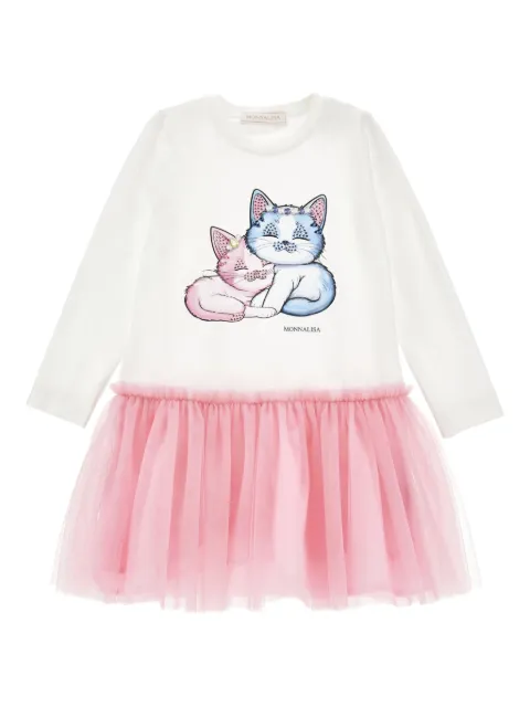 Monnalisa cat-illustration tulle dress