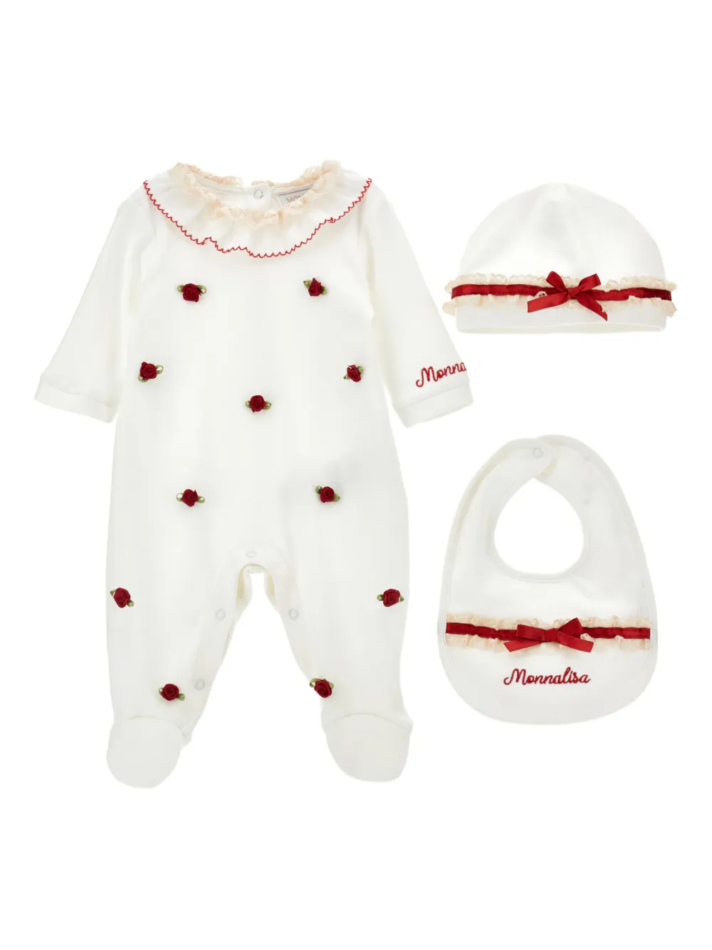 Monnalisa Baby Romper Bib And Hat Set In White