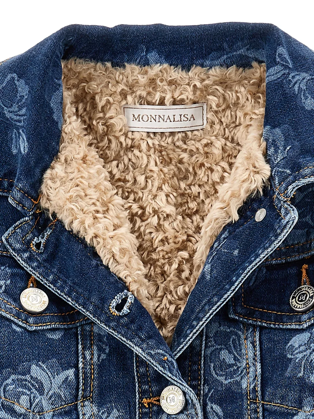 Monnalisa Spijkerjack met roosprint Blauw