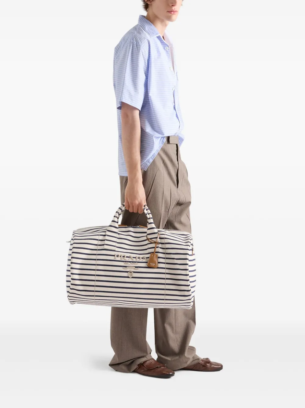 Prada Gestreepte duffeltas Beige