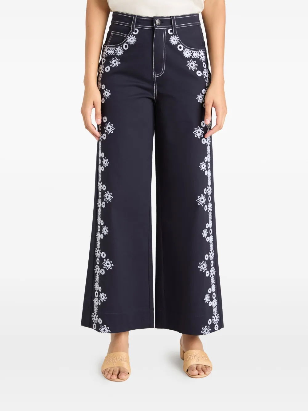 Shop Cinq À Sept Floral-motif Straight-leg Trousers