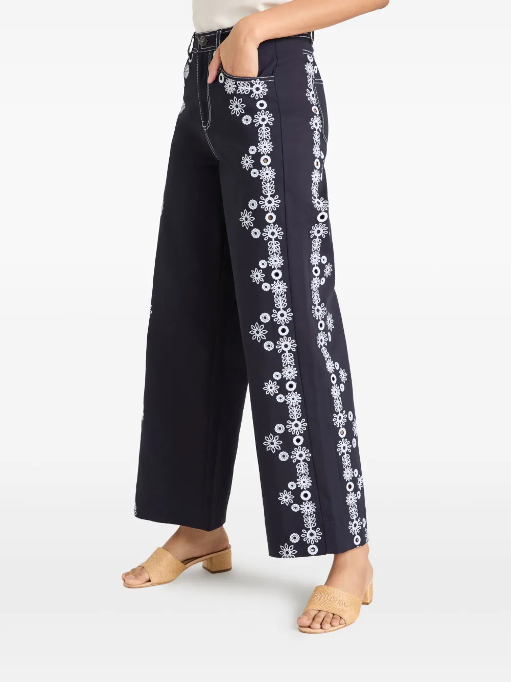 Shop Cinq À Sept Floral-motif Straight-leg Trousers