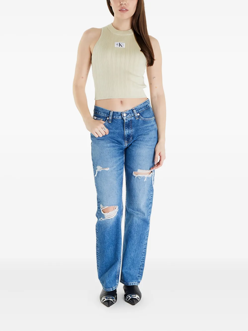 Calvin Klein Ripped Low Rise Straight Jeans In Blue