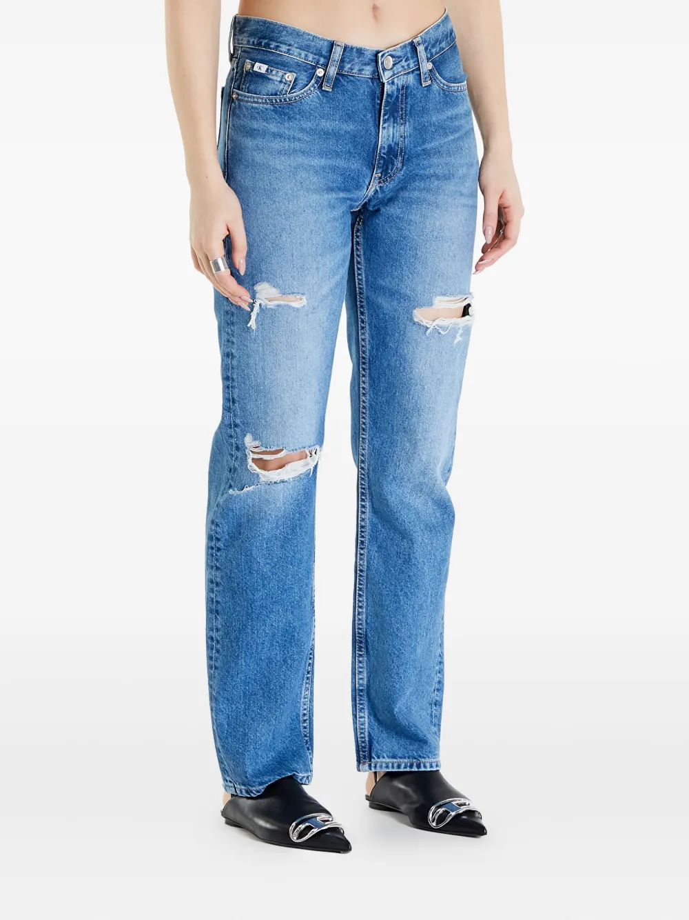 Calvin Klein Ripped Low Rise Straight Jeans In Blue