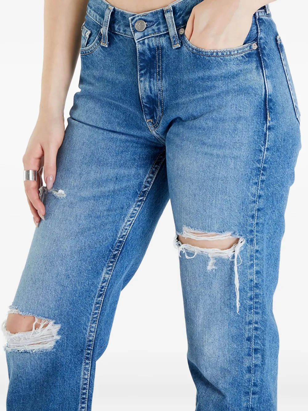 Calvin Klein Ripped Low Rise Straight Jeans In Blue