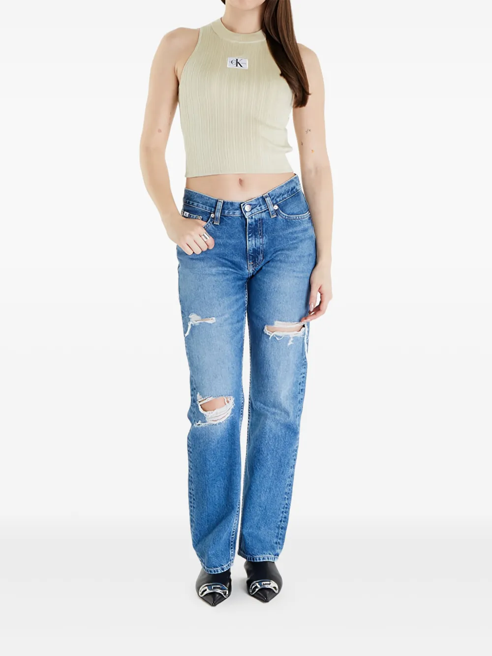 Calvin Klein Gerafelde low waist straight jeans - Blauw