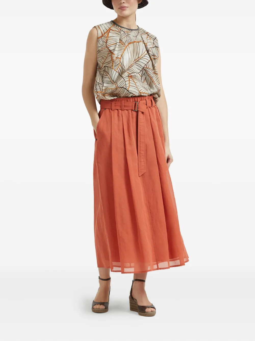 Brunello Cucinelli Midi-rok met ceintuur - Oranje