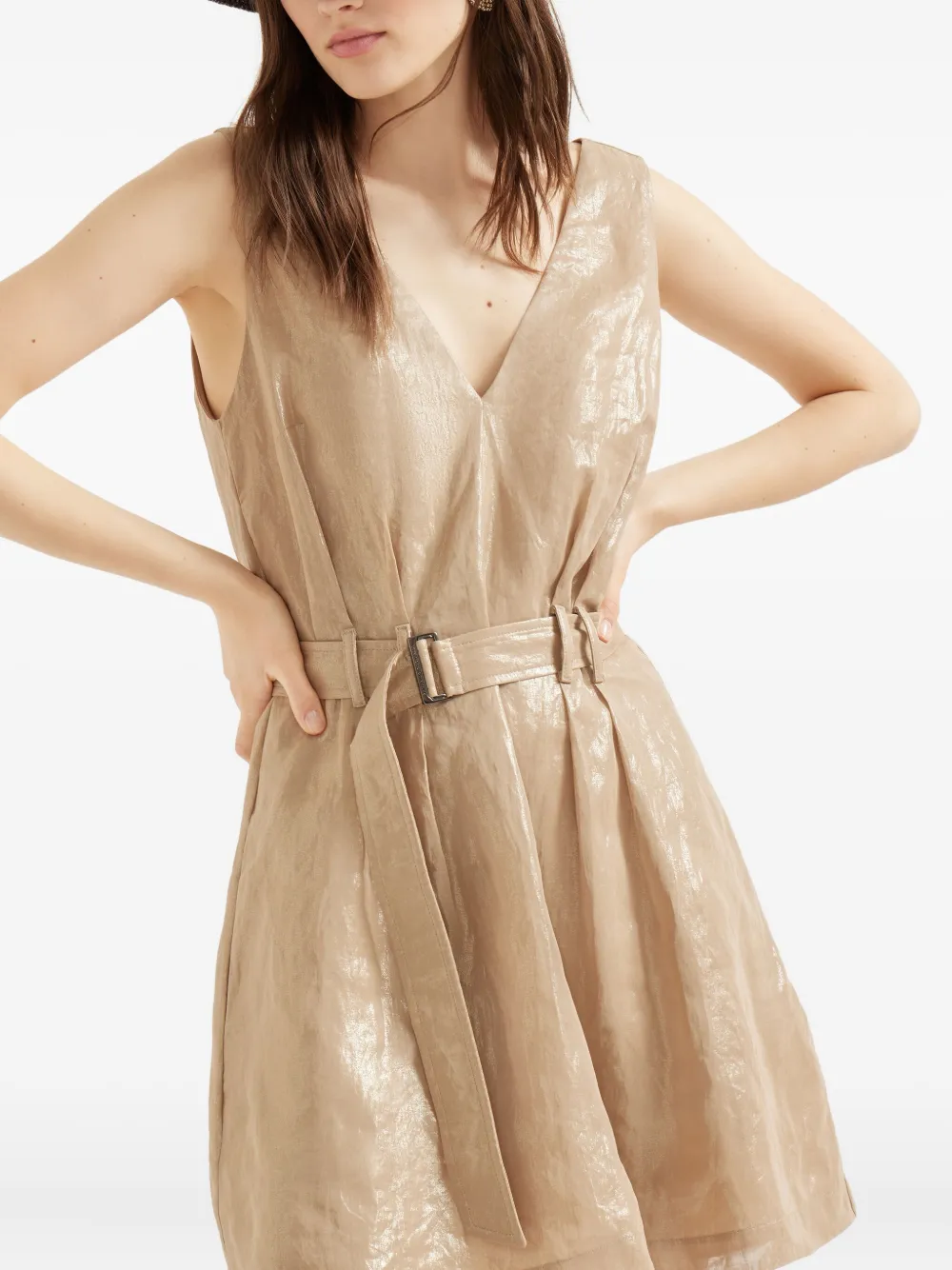 Brunello Cucinelli lamé belted mini dress Beige
