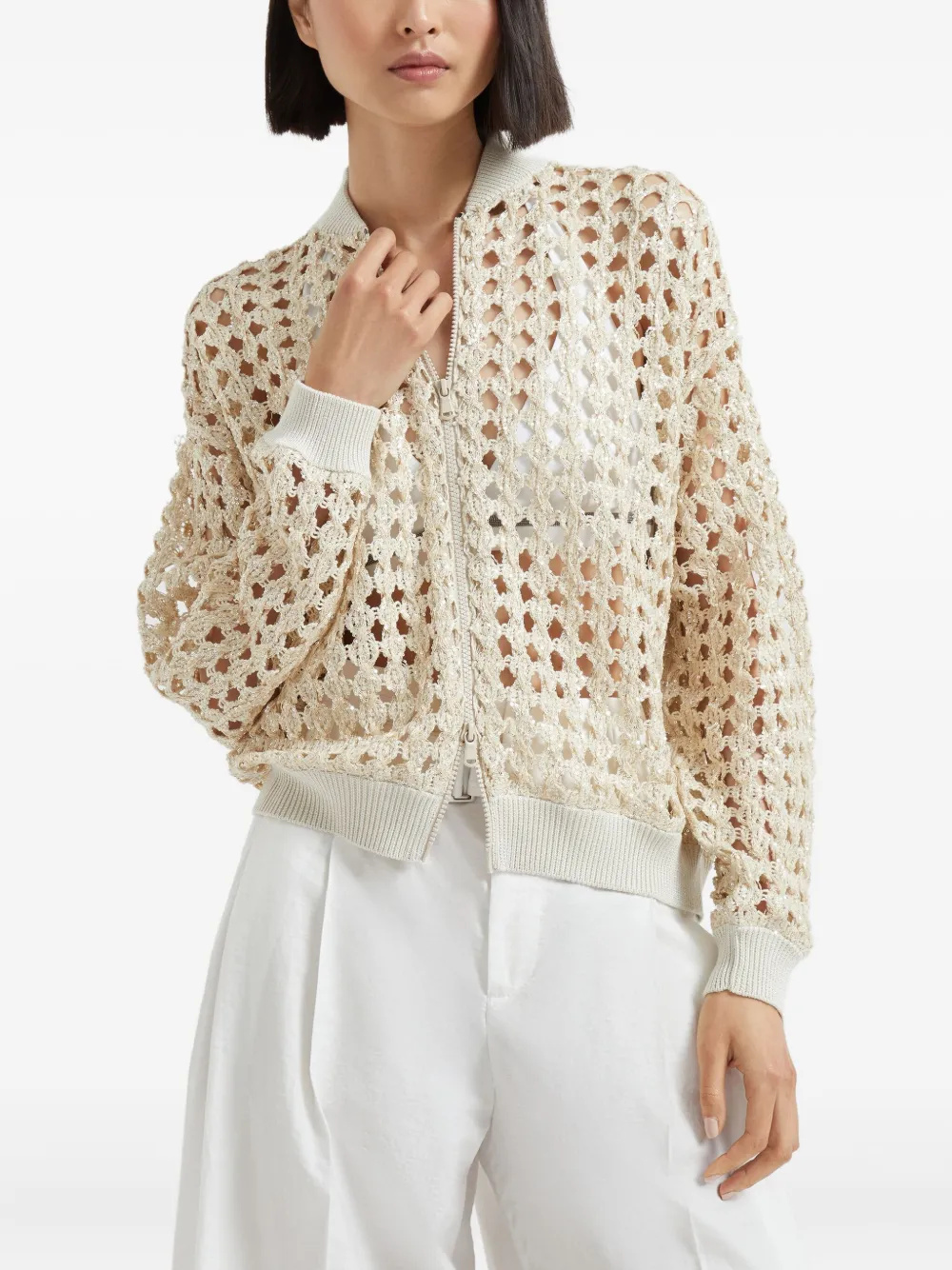 Brunello Cucinelli Gehaakt jack met rits Beige