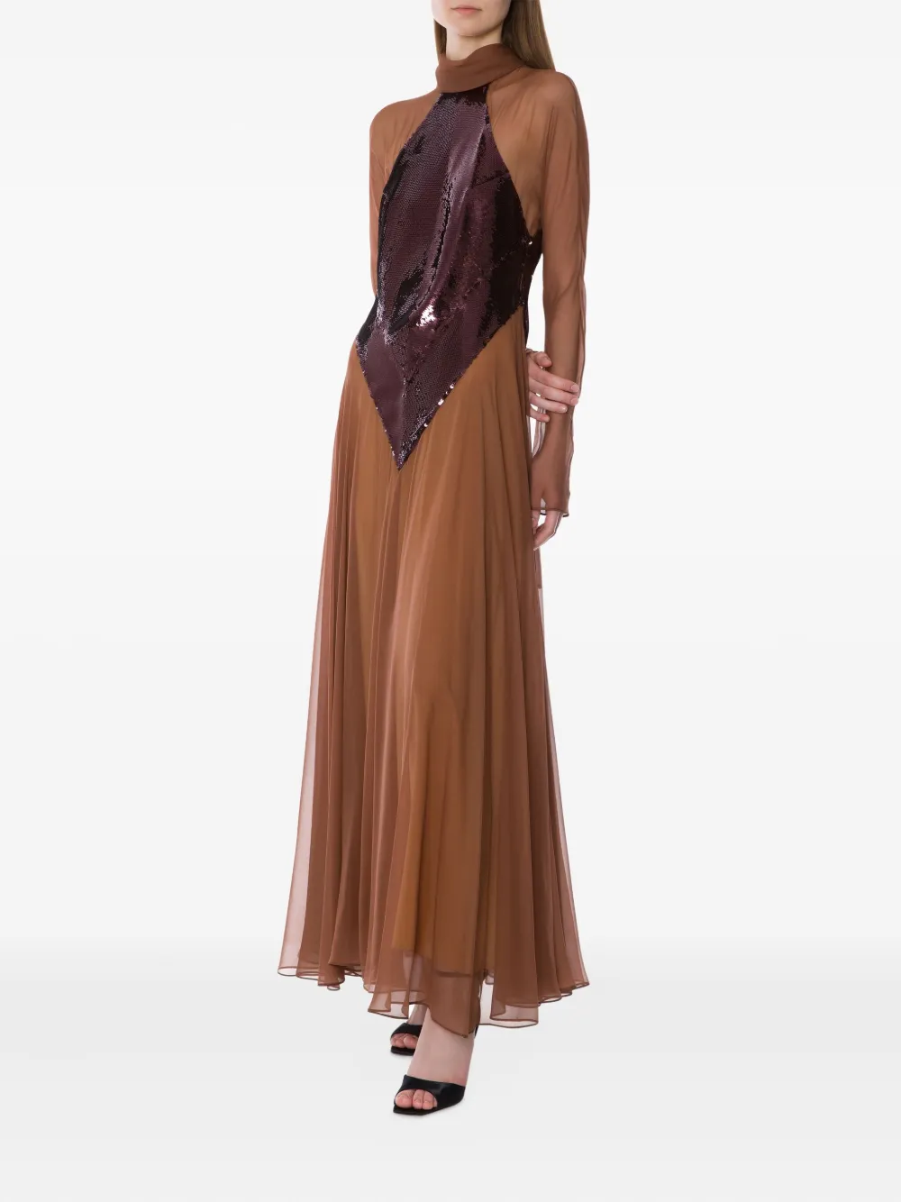 Alberta Ferretti Sequined-bodice Gown In Brown