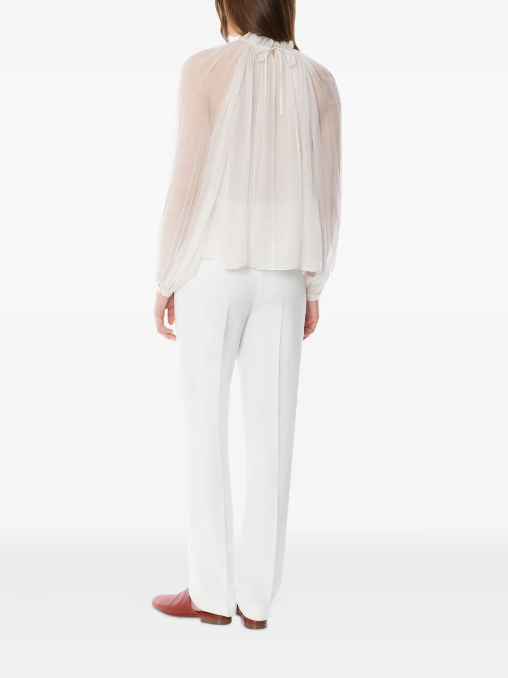 Alberta Ferretti Sheer Silk Blouse With Floral Embellishment In White