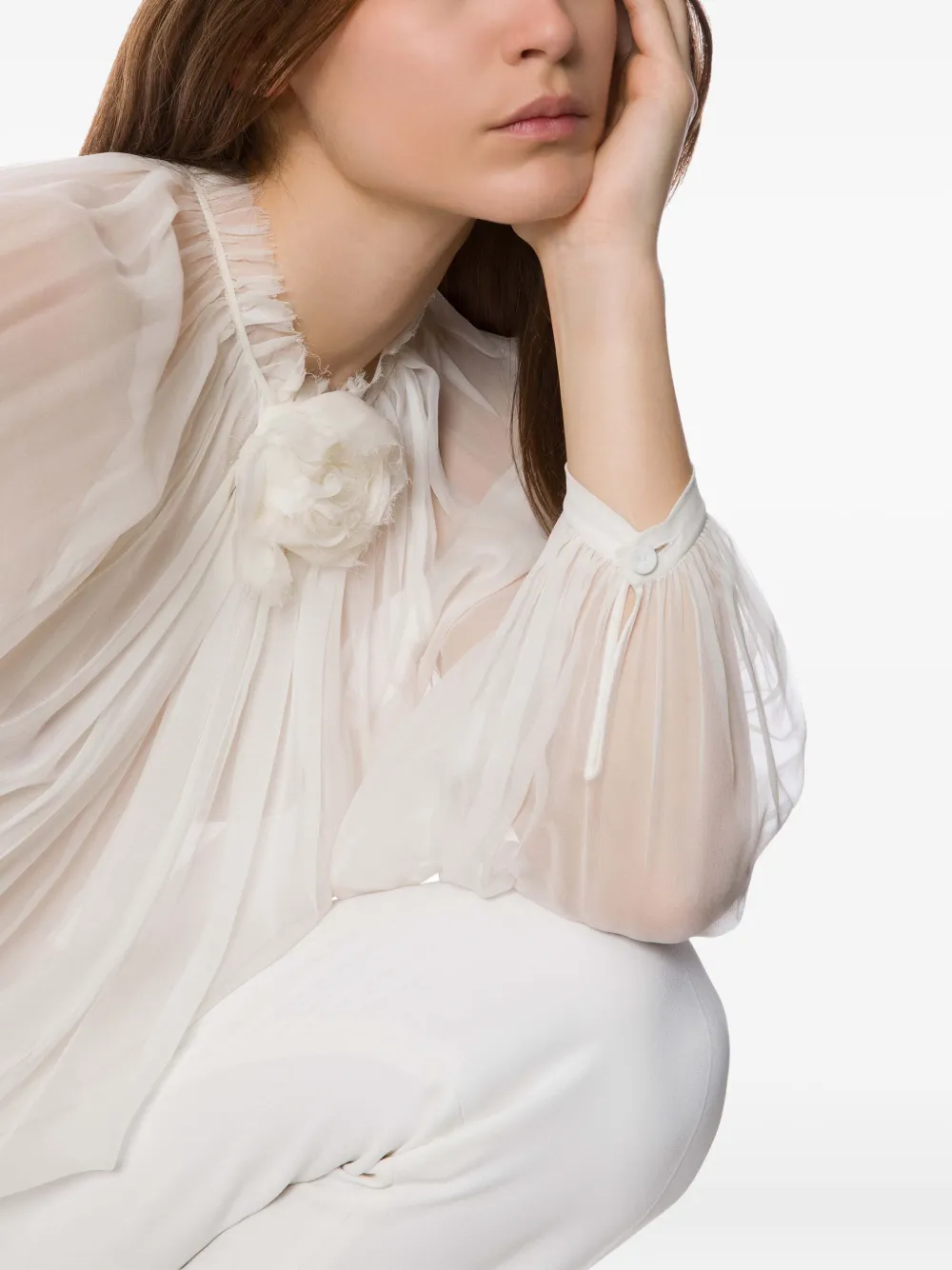 Alberta Ferretti Sheer Silk Blouse With Floral Embellishment In White