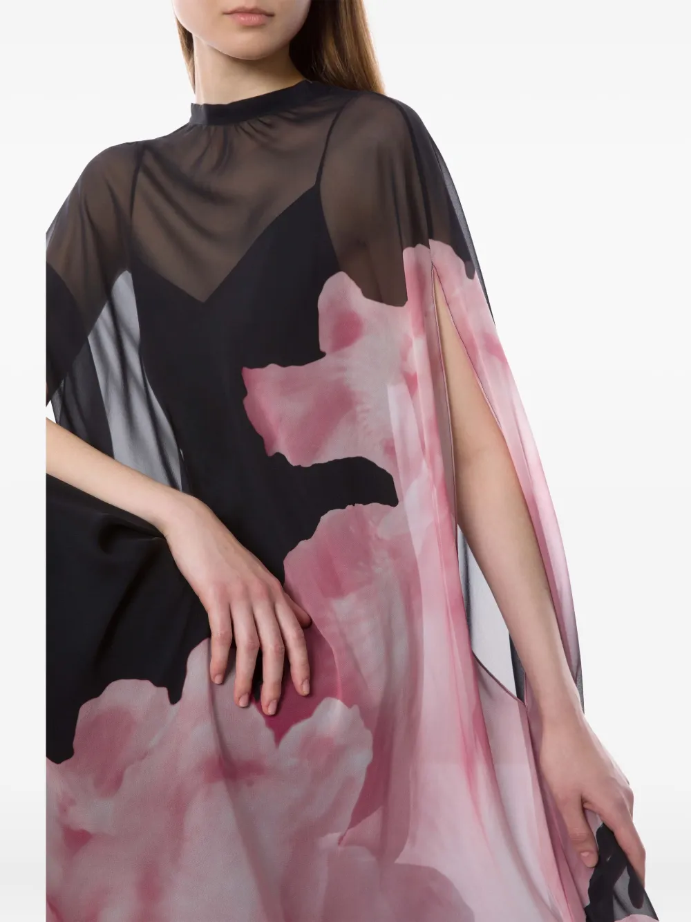 Alberta Ferretti Chiffon Maxi Dress With Orchid Print In Black