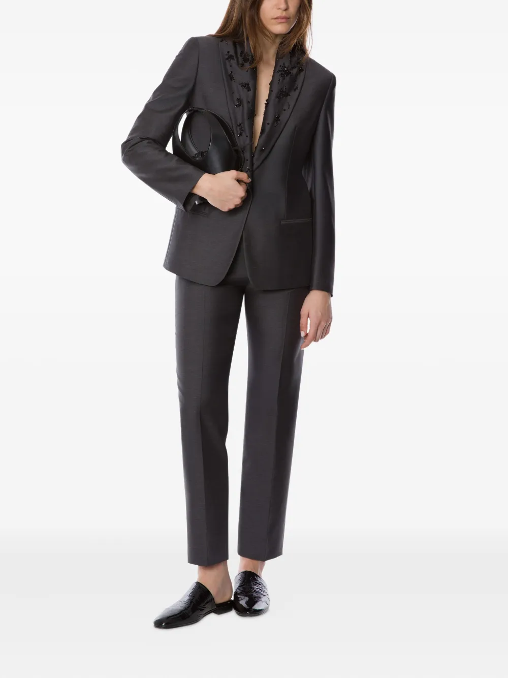 Alberta Ferretti Bead-embroidered Shawl-lapel Blazer In Gray