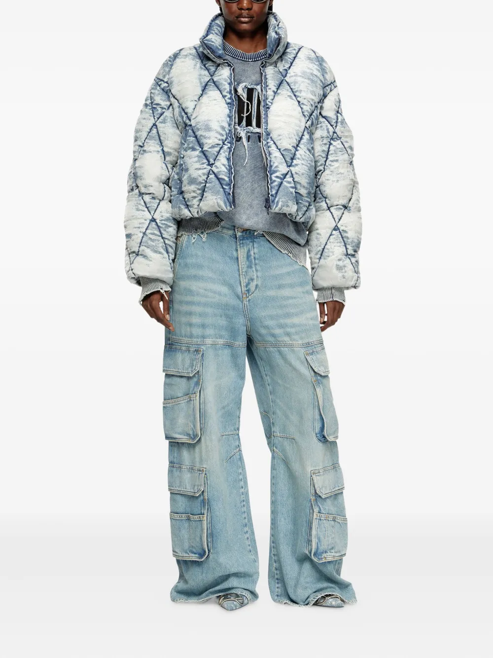 Diesel Gewatteerd donsjack met acid wassing Blauw