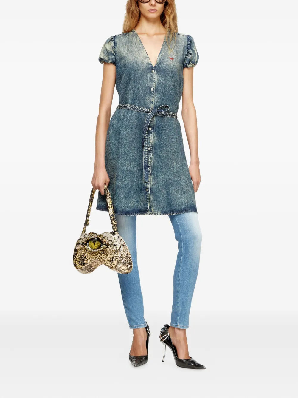 Diesel Puff-sleeves Buttoned-front Mini Day Dress In Blue