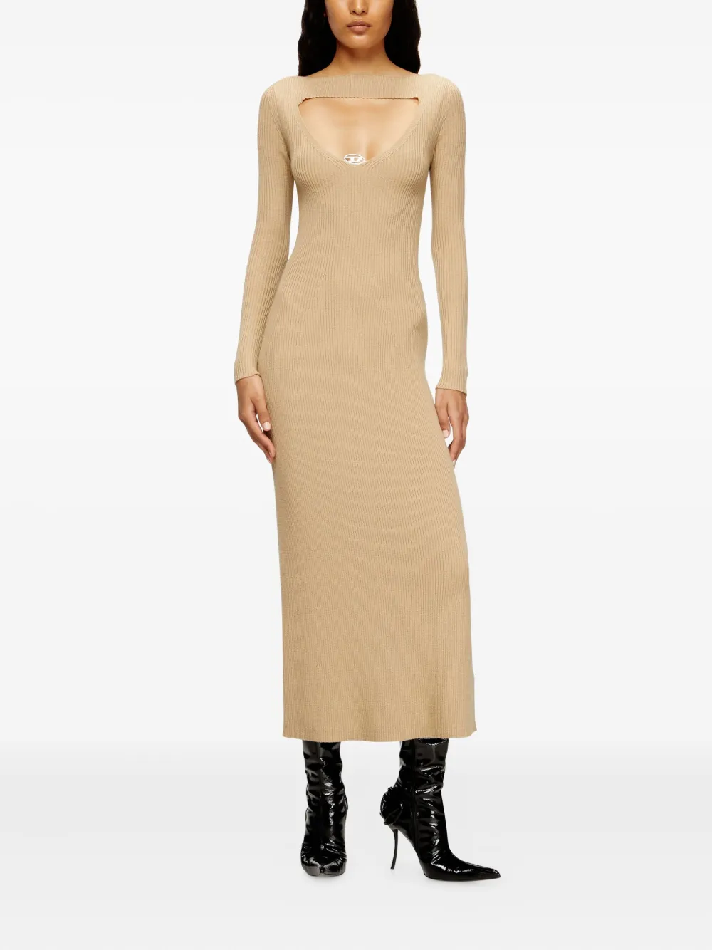 Diesel keyhole ribbed midi day dress Beige