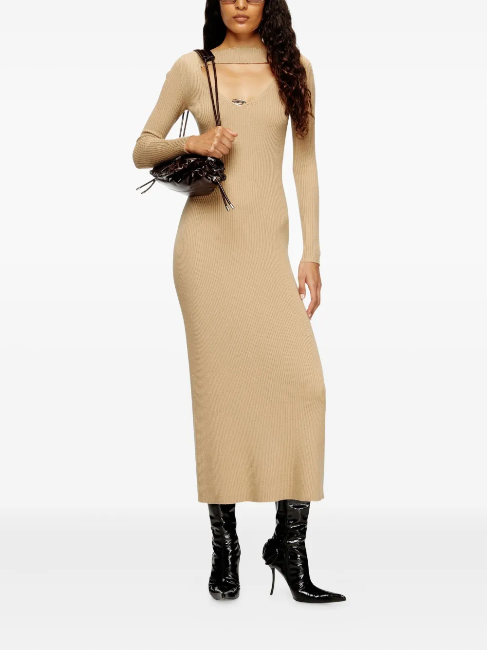 Diesel keyhole ribbed midi day dress Beige