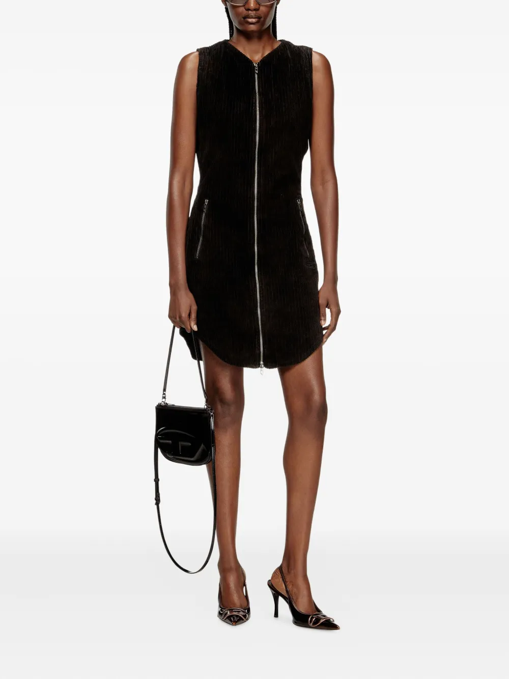 Diesel zip-front corduroy mini dress - Zwart