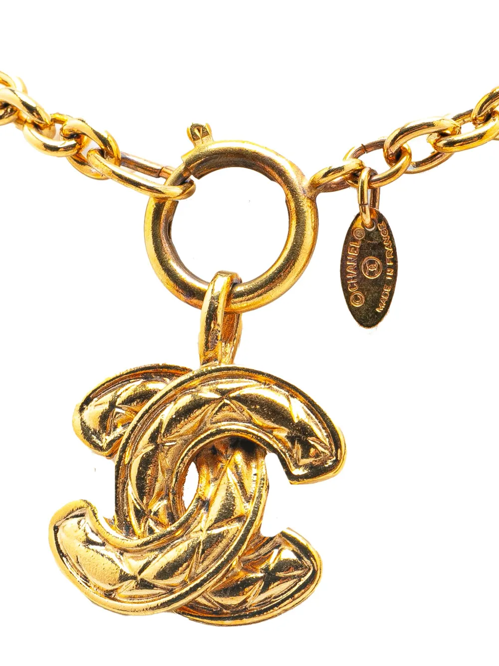 Pre-owned Chanel 1970-1980 Gold Plated Quilted Cc Pendant Necklace Costume Necklace