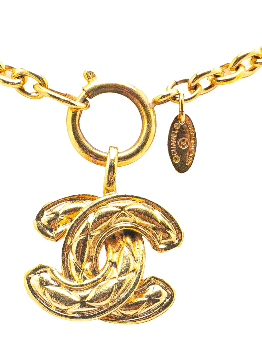 Pre-owned Chanel 1970-1980 Gold Plated Quilted Cc Pendant Necklace Costume Necklace