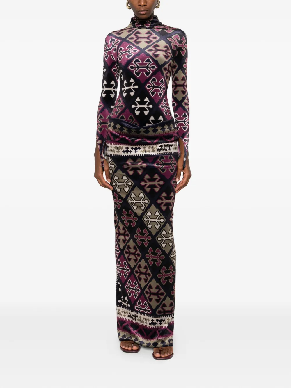 Burc Akyol carpet-printed velvet maxi dress - Blauw