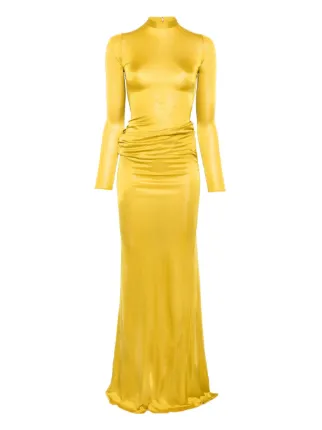 high neck yellow maxi dress Shona Joy - La Lune High Cowl Open Back Maxi Dress - Lemon