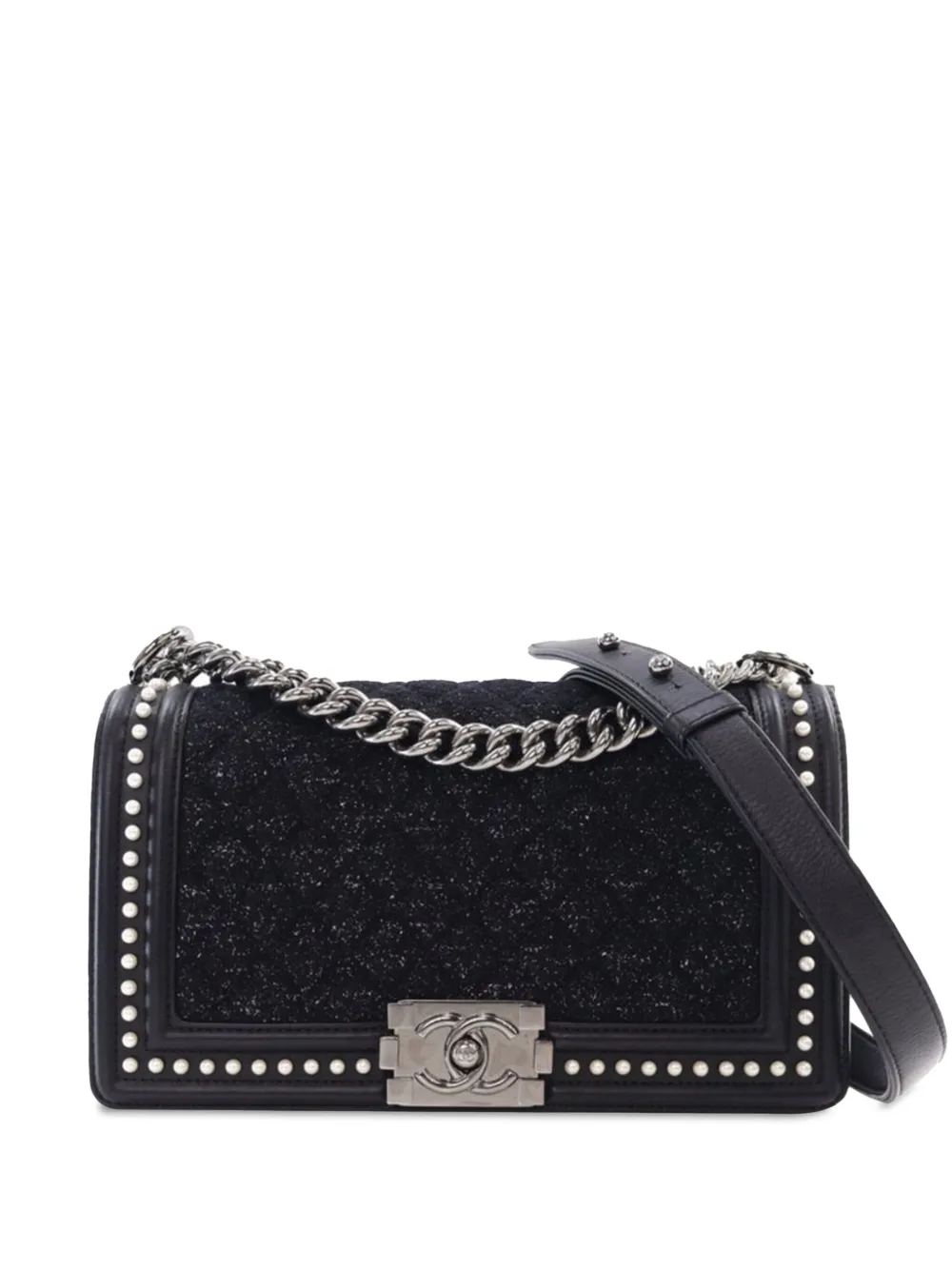 CHANEL Pre-Owned 2018-2019 ツイード&カーフスキン パール ボーイ フラップ ショルダーバッグ M - ブラック CHANEL Pre-Owned 2018-2019 ツイード&カーフスキン パール ボーイ フラップ ショルダーバッグ M - ブラック