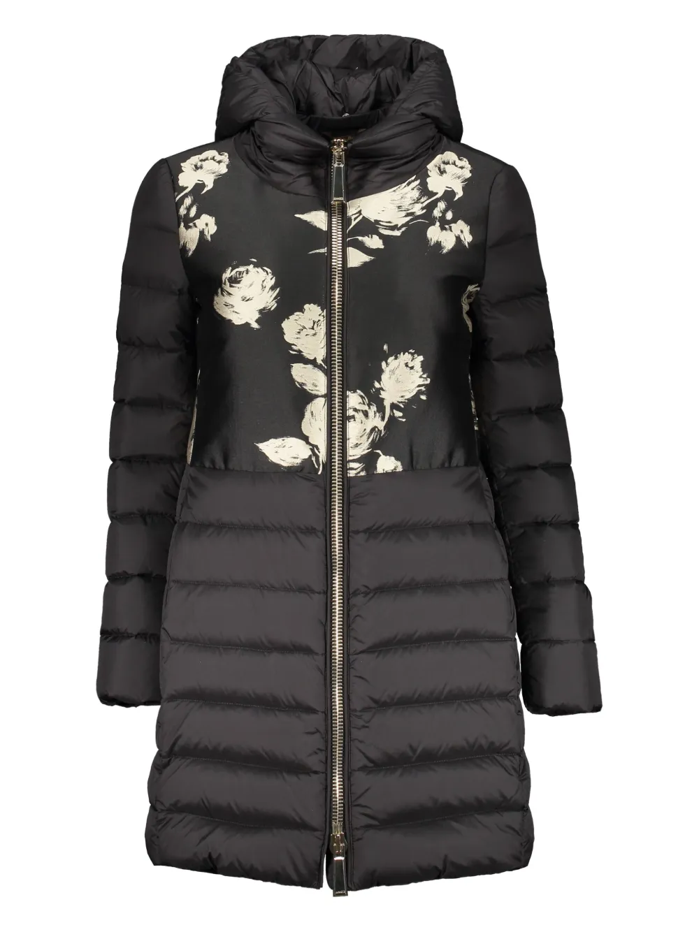 Moorer Donsjack met bloemenprint Zwart