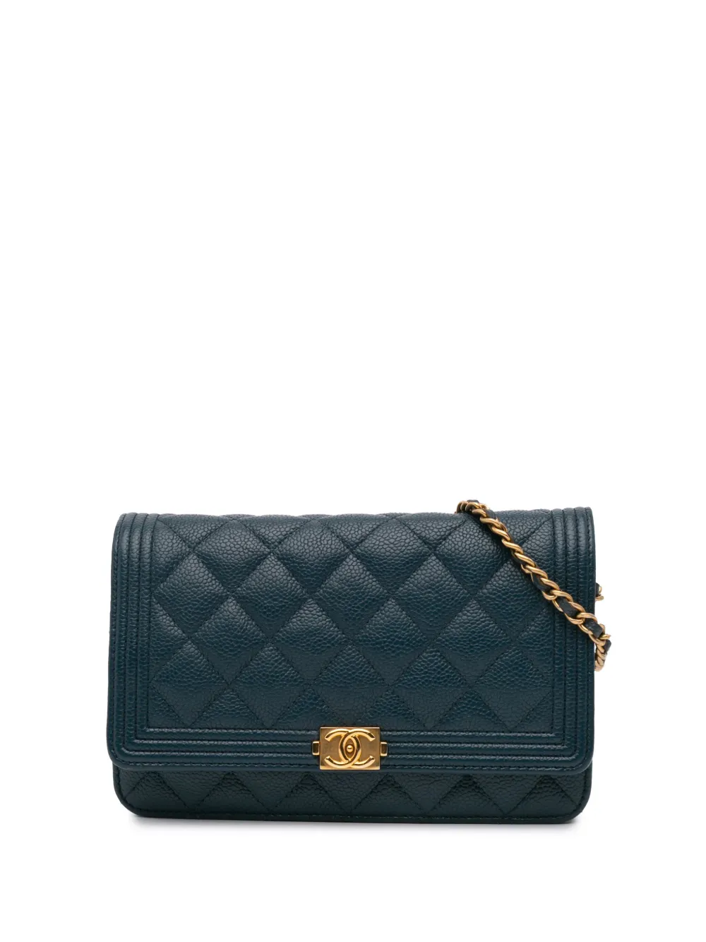 Pre-owned Chanel 2016-2017 Quilted Caviar Boy Wallet On Chain Crossbody Bag In Blue