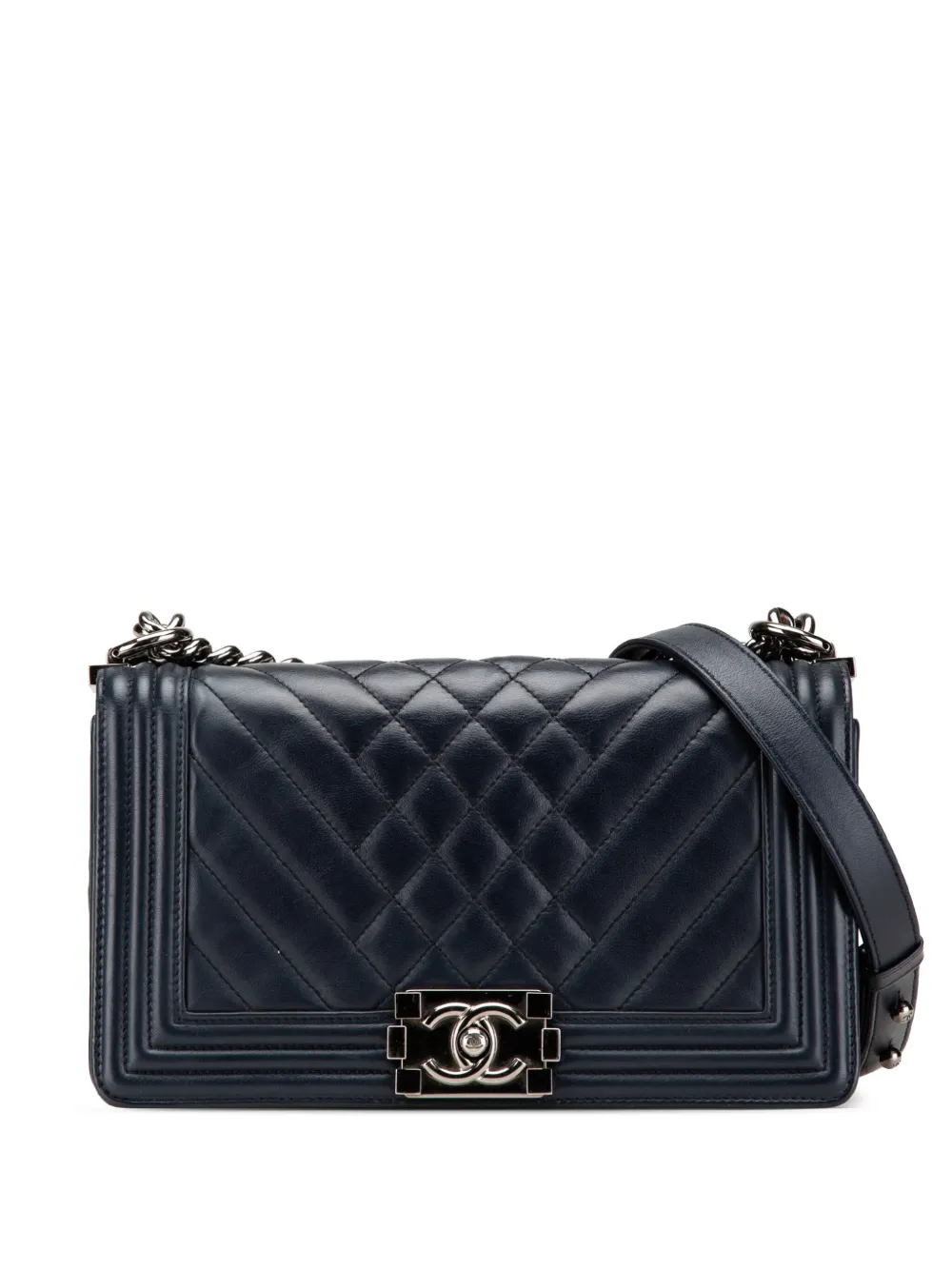 CHANEL Pre-Owned 2014 ミディアム シェブロン ラムスキン ボーイ フラップ ショルダーバッグ - ブルー CHANEL Pre-Owned 2014 ミディアム シェブロン ラムスキン ボーイ フラップ ショルダーバッグ - ブルー