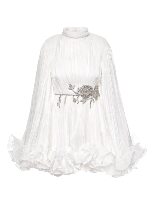 knee length dresses for ladies Aaron Fit and Flare Cape Sleeved Silk Mini Dress, Xs / White