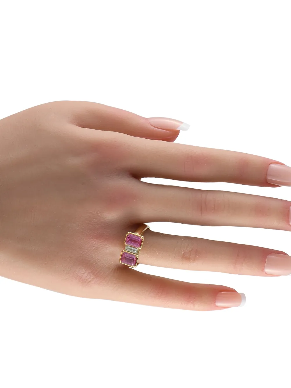 LB Exclusive 18K yellow gold Three Stone diamond and sapphire ring | Image 2