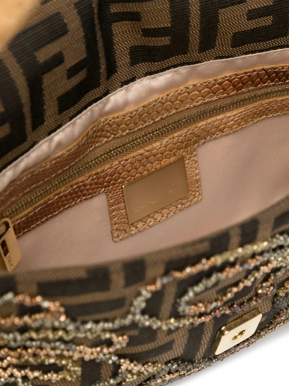 Pre-owned Fendi Canvas And Beaded Baguette Bag In Brown