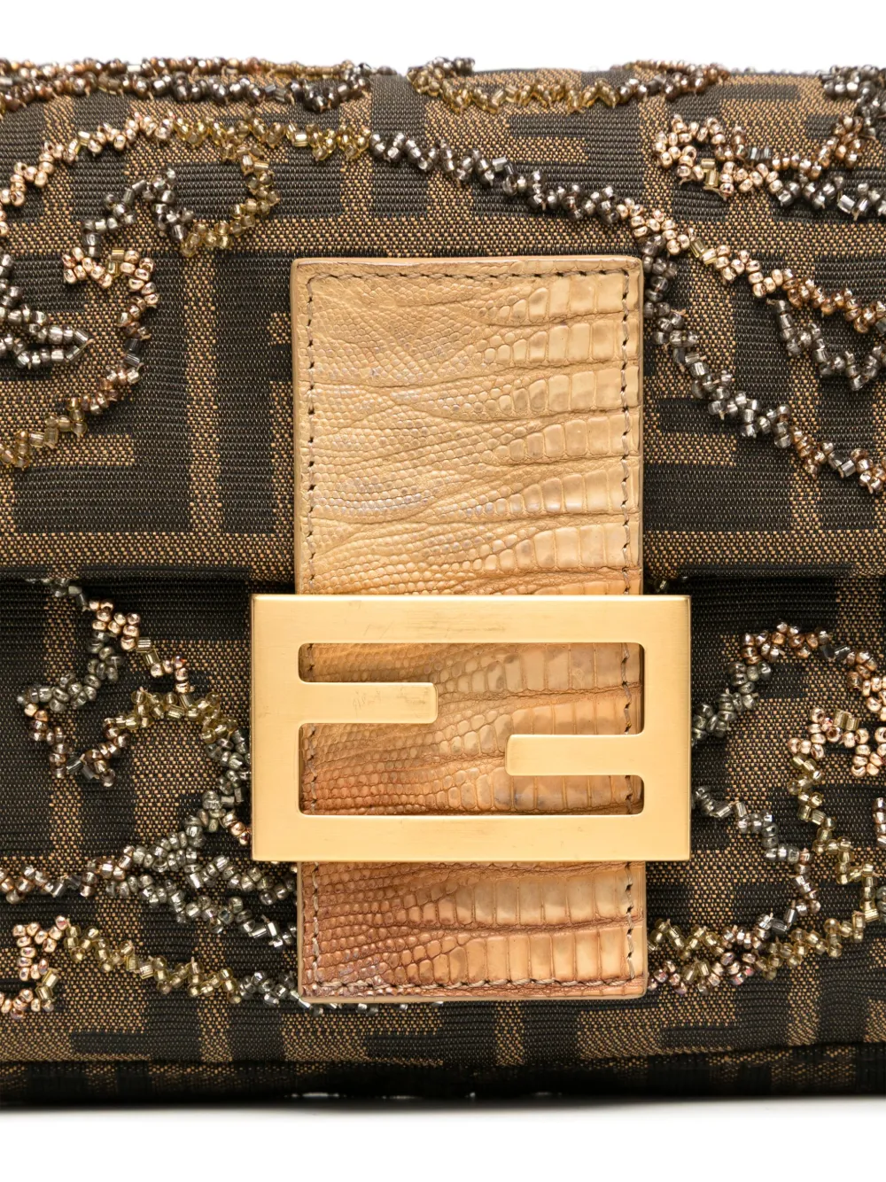 Pre-owned Fendi Canvas And Beaded Baguette Bag In Brown
