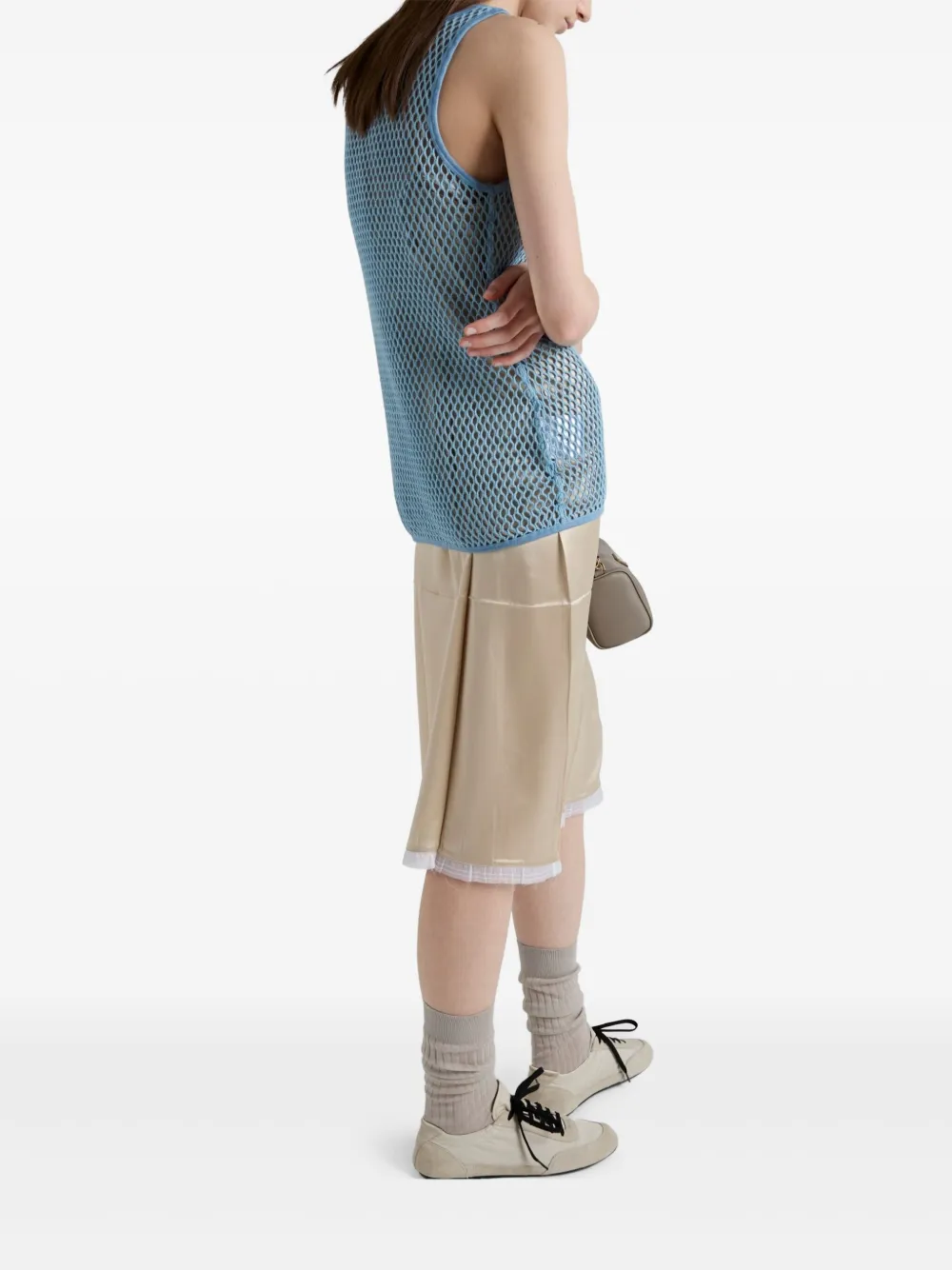 Prada Womens Light Blue Sleeveless Triangle-plaque Cotton Mesh Top