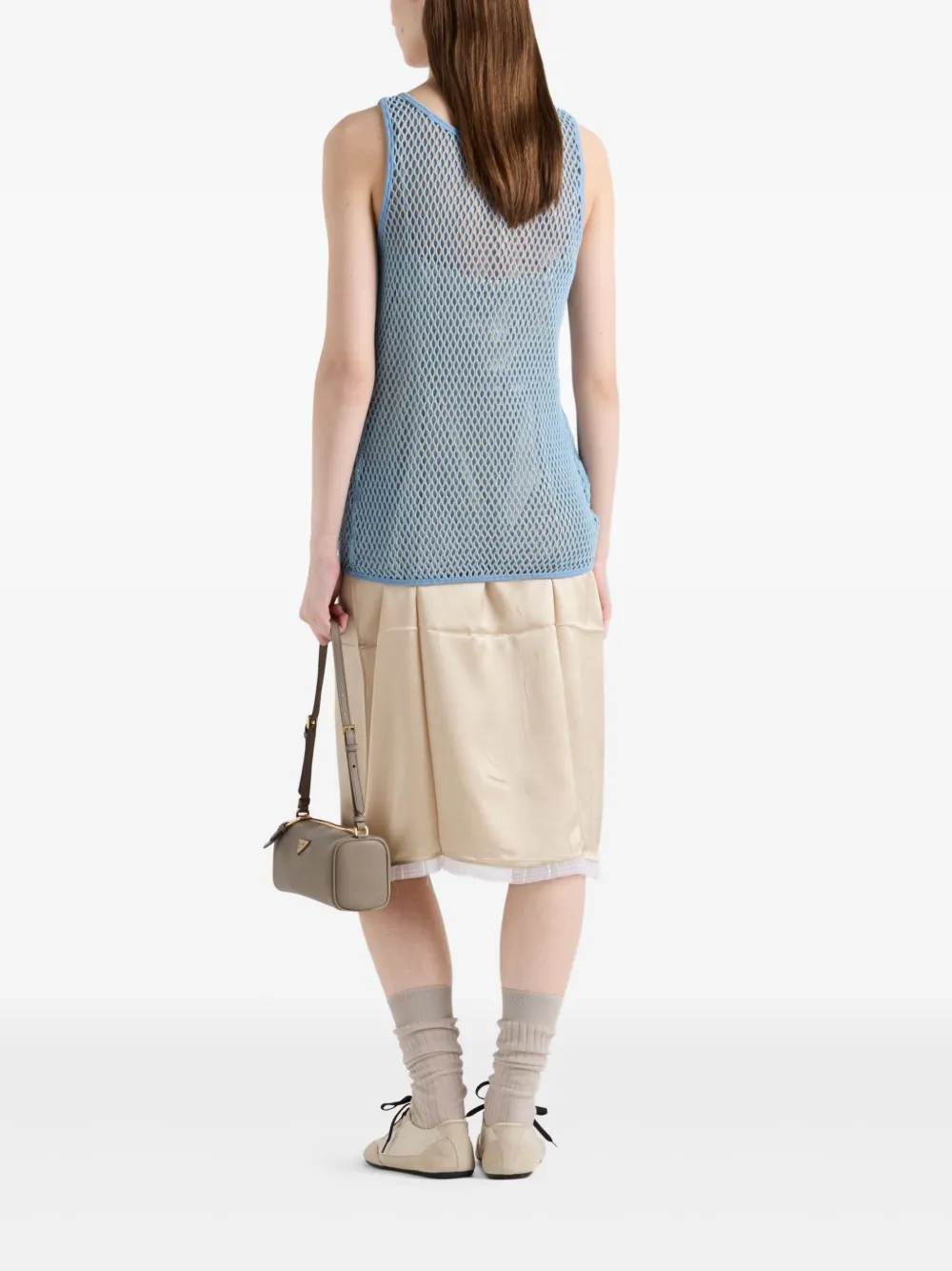 Prada Womens Light Blue Sleeveless Triangle-plaque Cotton Mesh Top