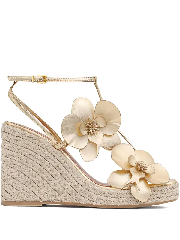 Zimmermann 110mm Orchid Flower-embellished Wedge Sandals in Gold