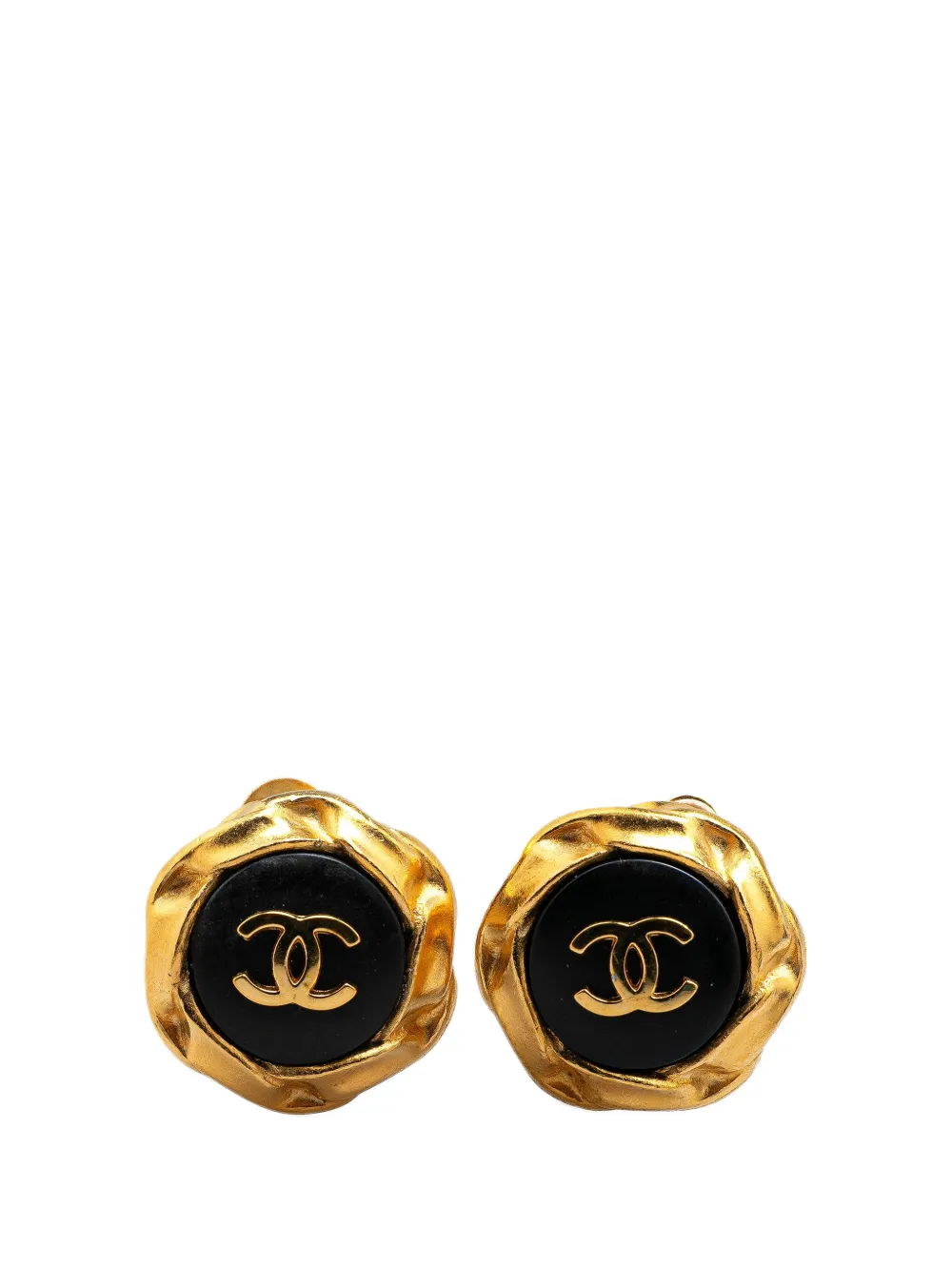 Pre-owned Chanel 1995 Gold Plated Acrylic Cc Button Clip On Earrings Costume Earrings In Black