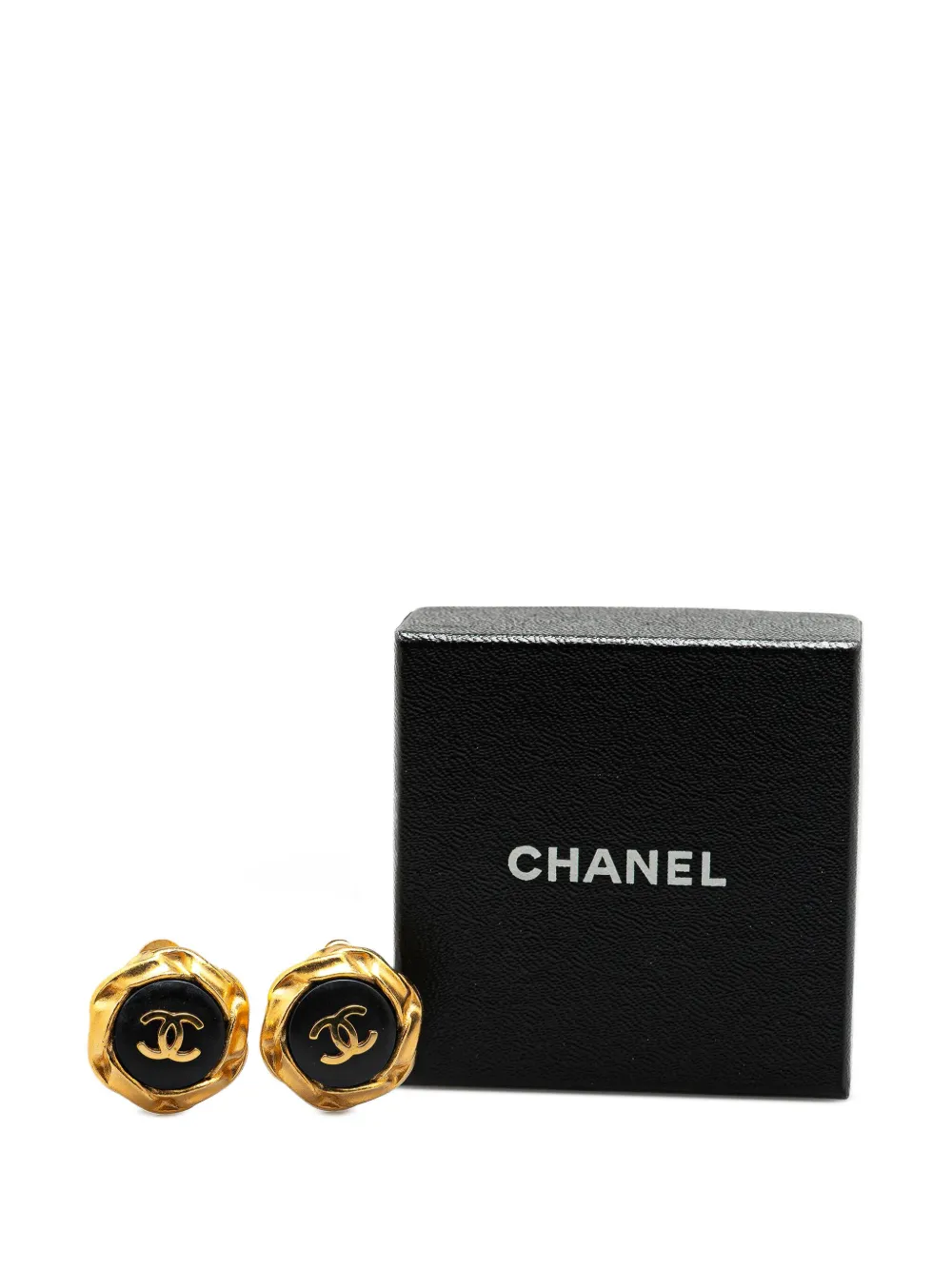 Pre-owned Chanel 1995 Gold Plated Acrylic Cc Button Clip On Earrings Costume Earrings In Black